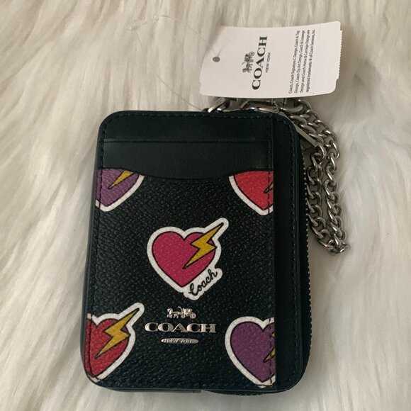 COACH Heart Bolt Card Case Wristlet in Black/Gold - Picture 1 of 4